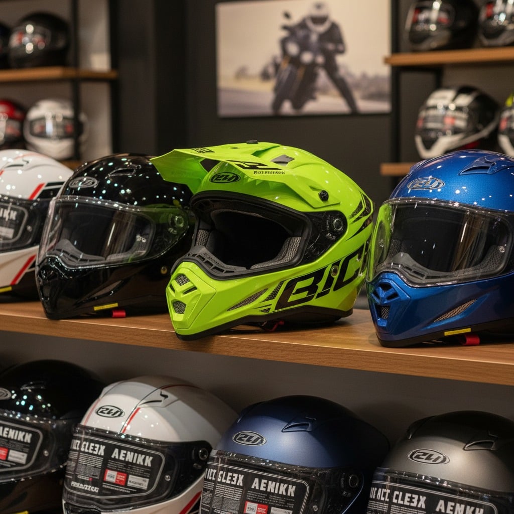 Kaski motocyklowe w różnych kolorach stoją na półkach w sklepie.