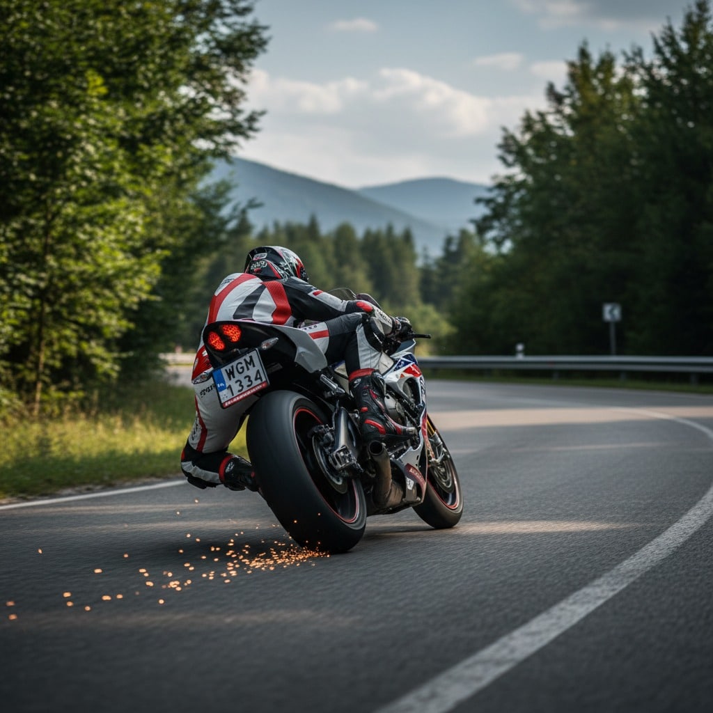 Motocyklista w pełnym stroju pokonuje zakręt na krętej drodze, a spod jego opony lecą iskry.