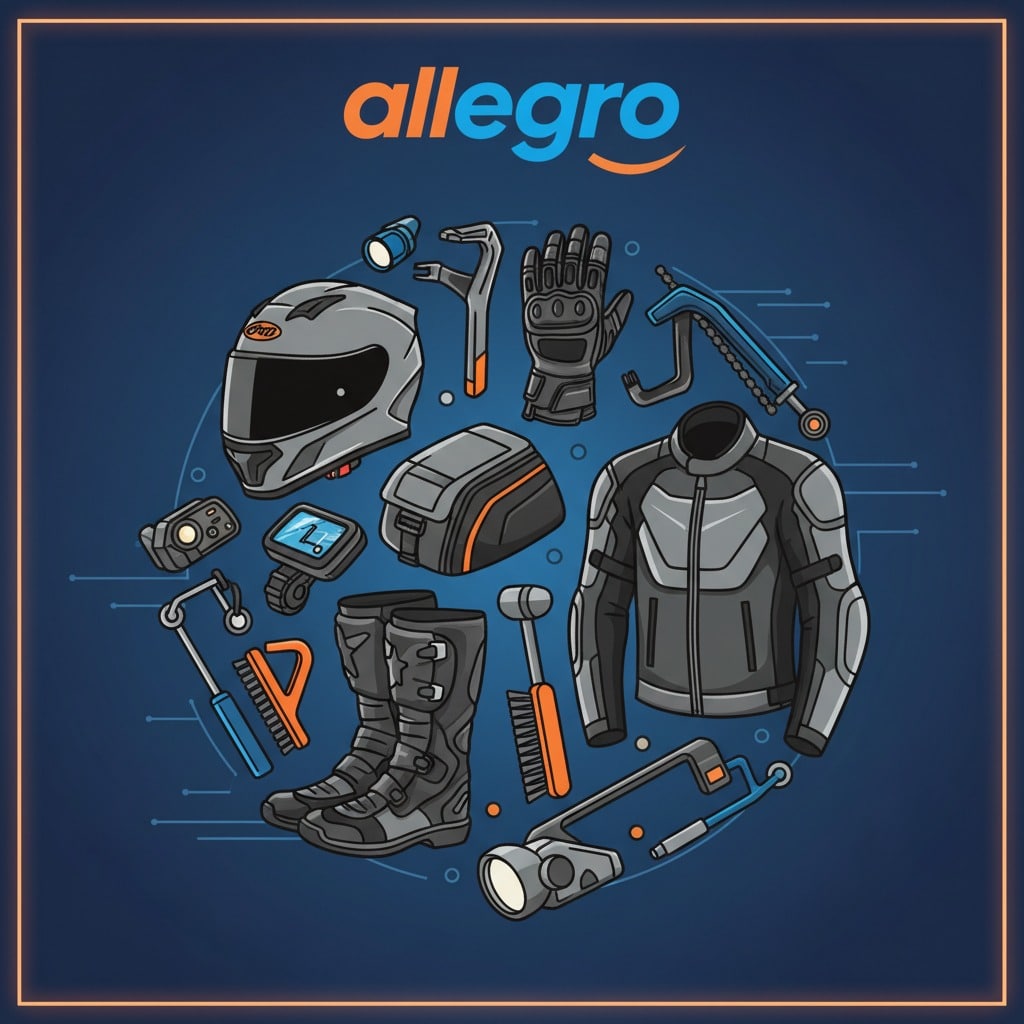 Ilustracja z motocyklową odzieżą, kaskiem, butami, rękawicami oraz akcesoriami rozłożonymi na granatowym tle z logo Allegro u góry.