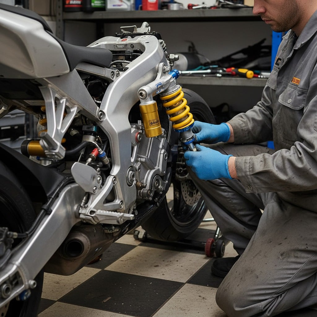 Mechanik w niebieskich rękawicach naprawia tylne zawieszenie motocykla w warsztacie.