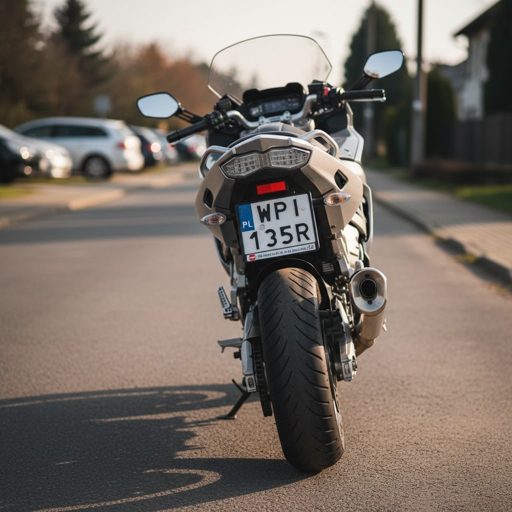 Widok motocykla od tyłu zaparkowanego na ulicy z widocznym polskim numerem rejestracyjnym WPI 135R.